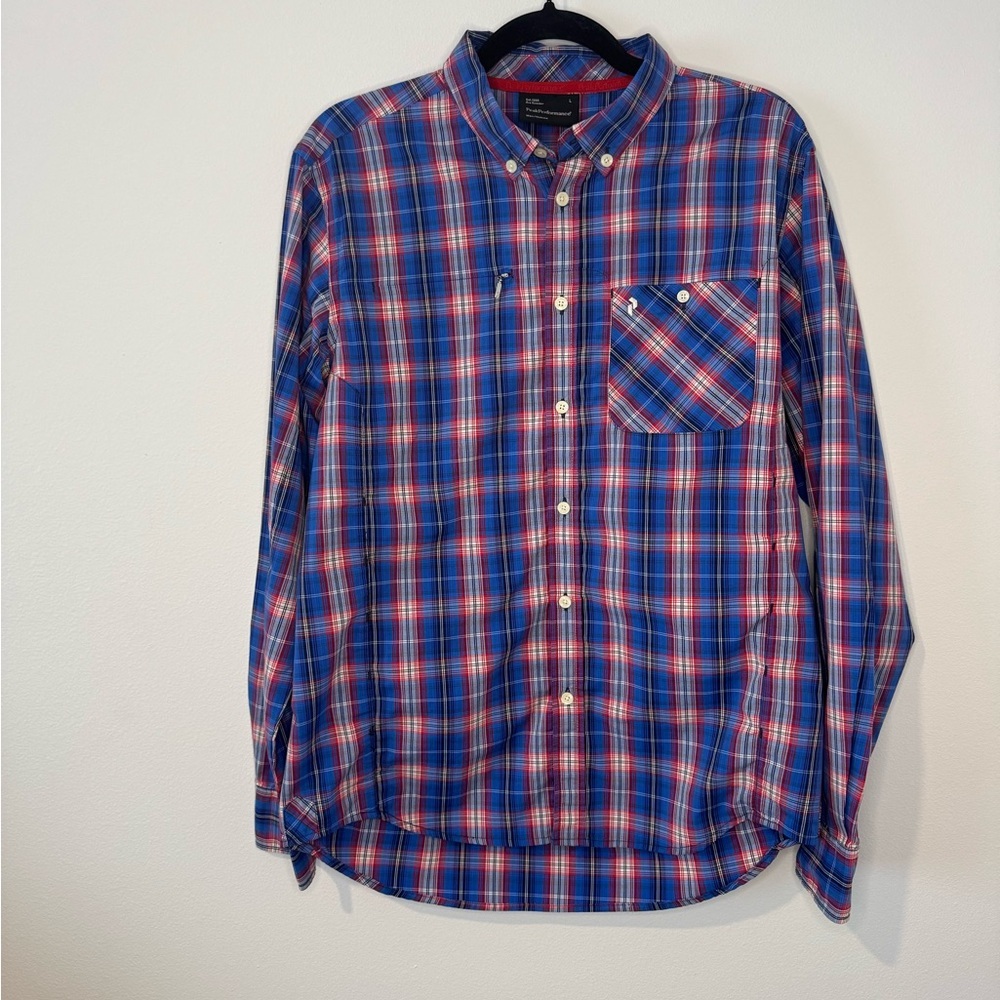 Peak Performance Plaid Button-Down Shirt Men’s Large Red Blue Outdoor Hiking